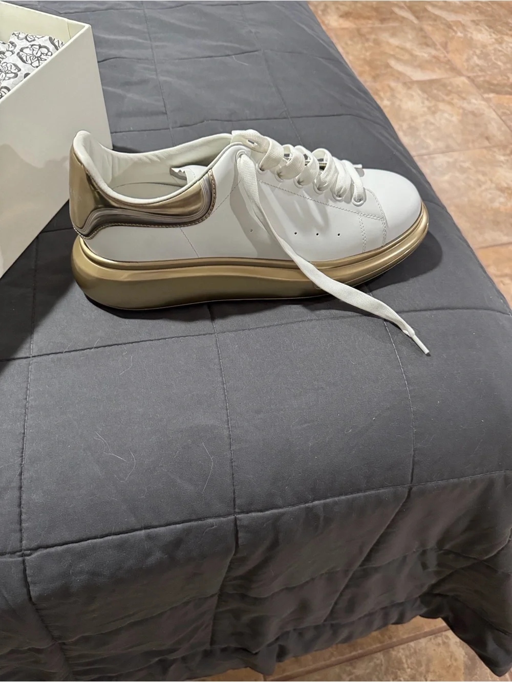 Alexander McQueen White Sneakers with Metallic Gold Sole
